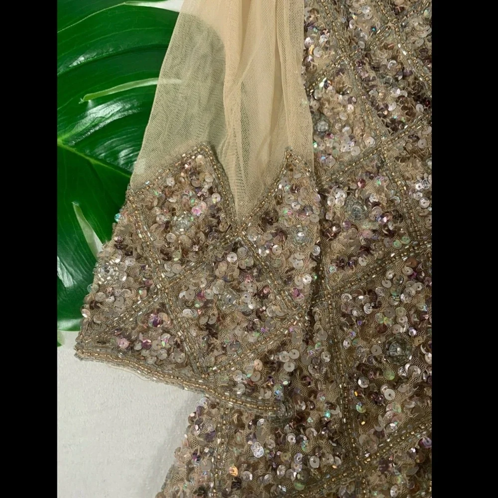 NWT JS Collections [ 4 ] Long Sleeve Embellished Tulle‎ Gown Champagne